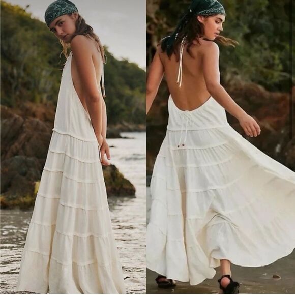 Nwt Free People Somewhere Sunny Drop-Waist Maxi Dress Ivory White Swan Cream - Picture 1 of 7
